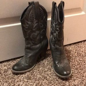 Grey pair of women’s heeled cowboy boots.